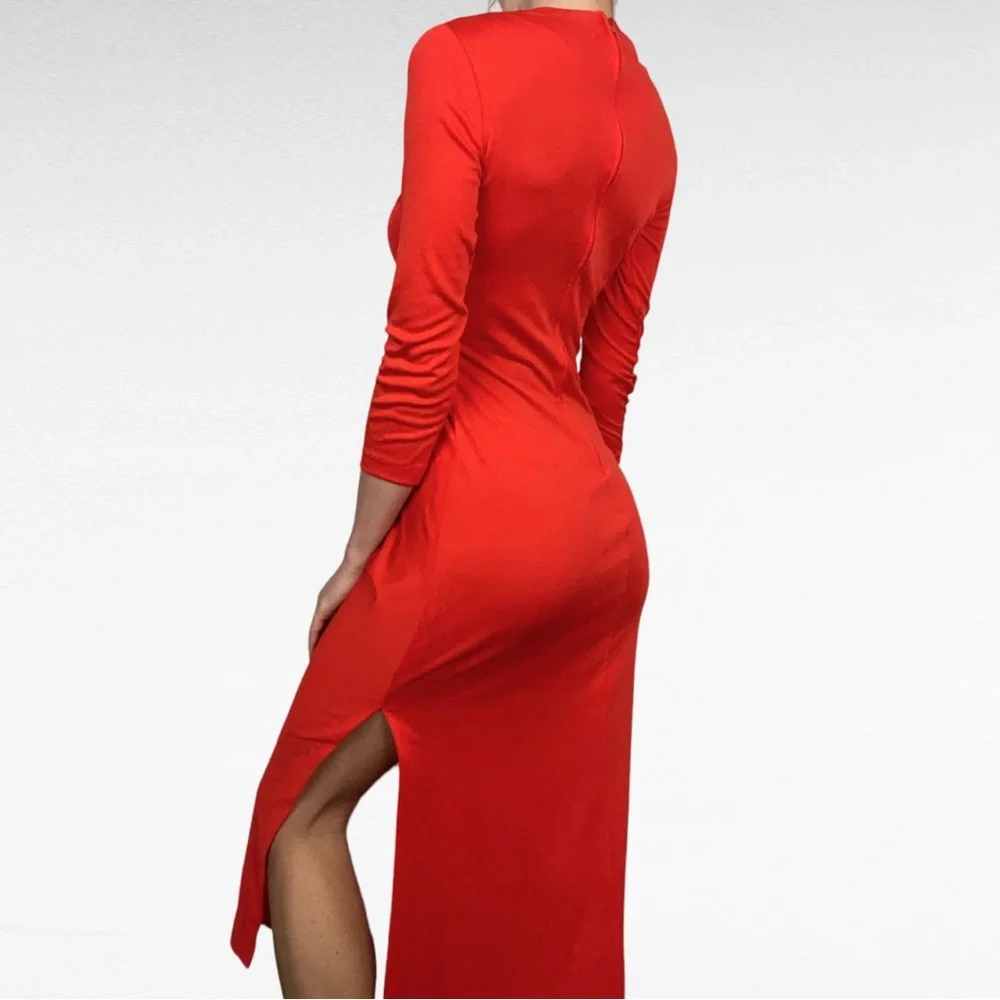 VINTAGE | Boutique Marcia Solid Red Ruched V-Neck Cheeky Side Slit Midi Dress